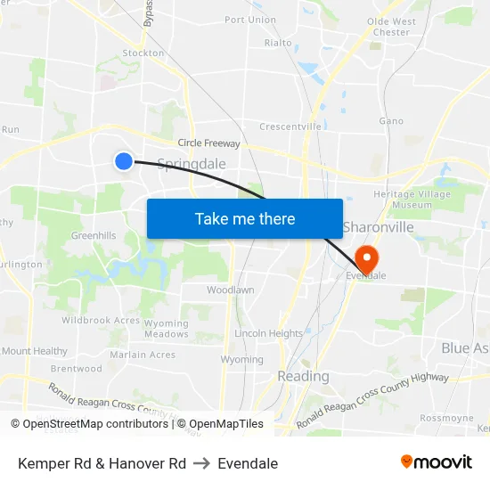 Kemper Rd & Hanover Rd to Evendale map