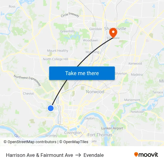 Harrison Ave & Fairmount Ave to Evendale map