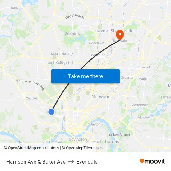 Harrison Ave & Baker Ave to Evendale map