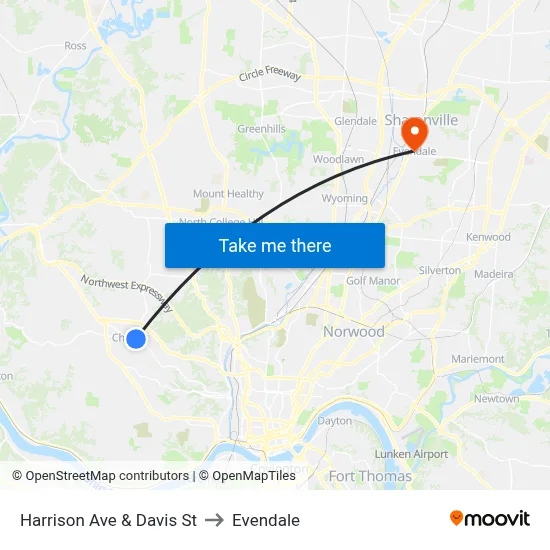 Harrison Ave & Davis St to Evendale map