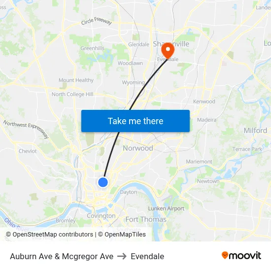 Auburn Ave & Mcgregor Ave to Evendale map