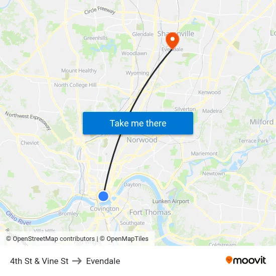 4th St & Vine St to Evendale map