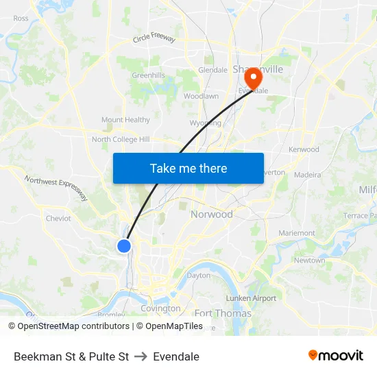 Beekman St & Pulte St to Evendale map