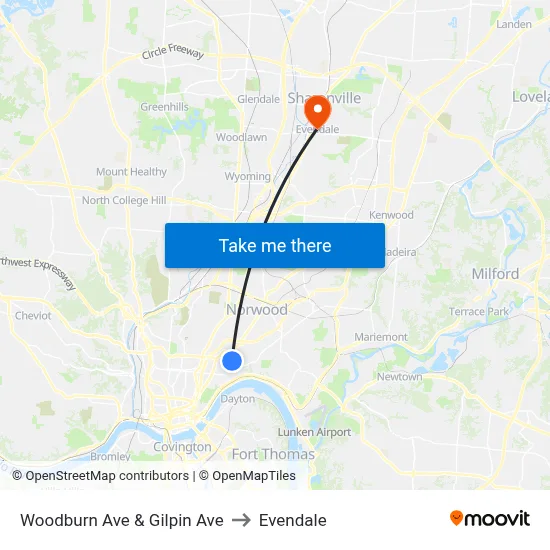 Woodburn Ave & Gilpin Ave to Evendale map