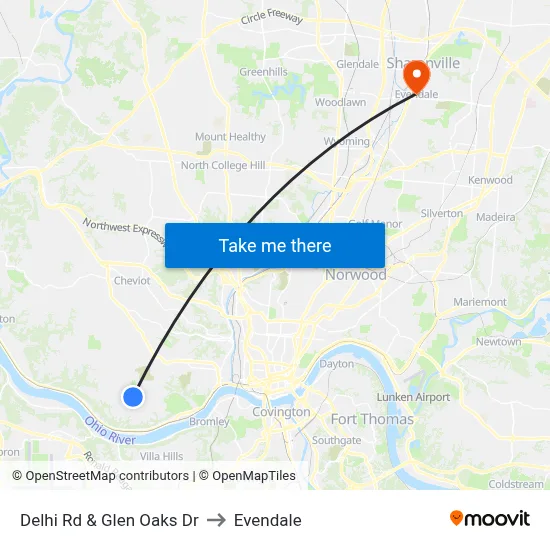 Delhi Rd & Glen Oaks Dr to Evendale map