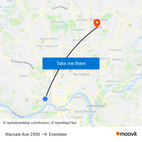 Warsaw Ave 2500 to Evendale map