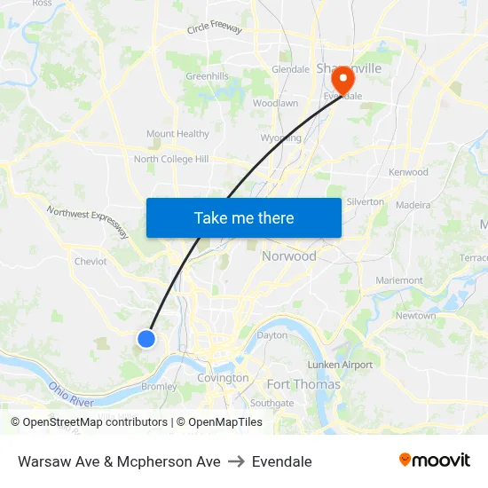 Warsaw Ave & Mcpherson Ave to Evendale map
