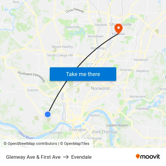 Glenway Ave & First Ave to Evendale map