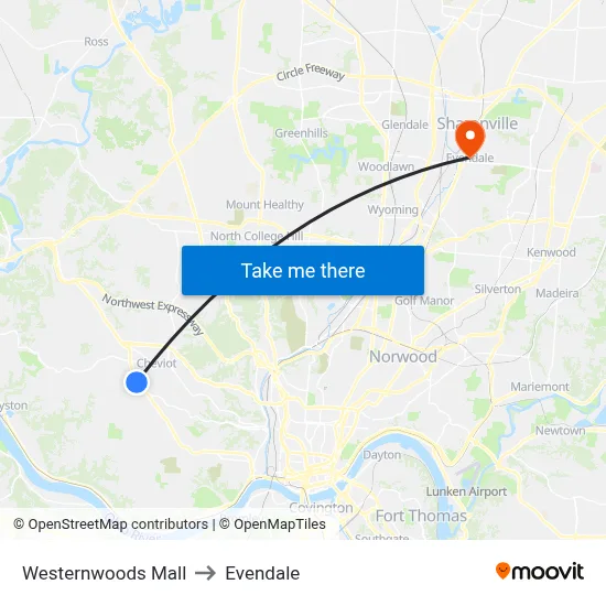 Westernwoods Mall to Evendale map