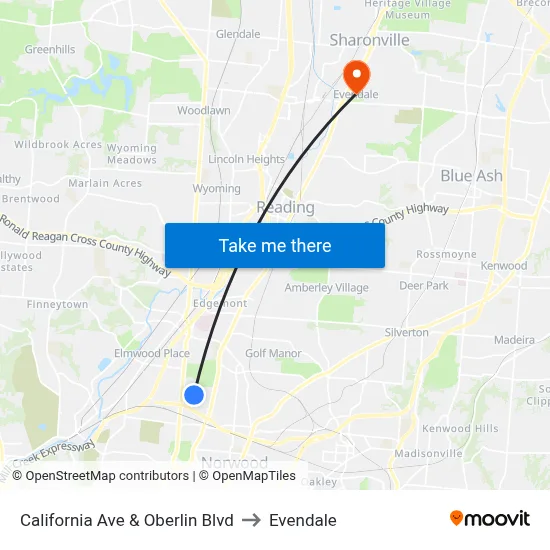 California Ave & Oberlin Blvd to Evendale map