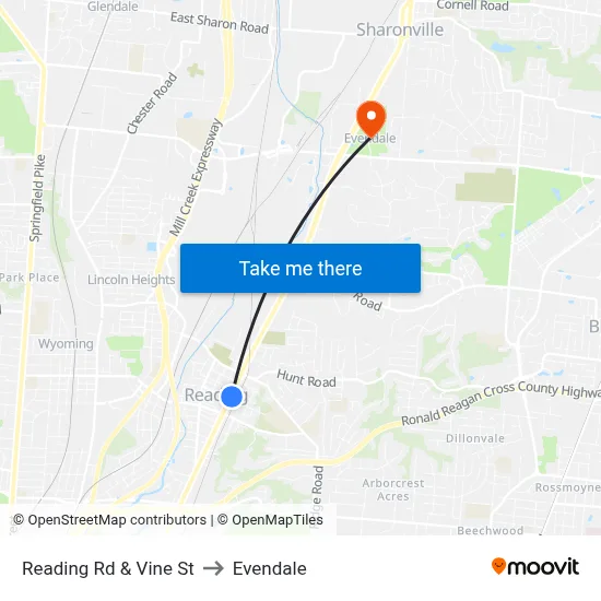 Reading Rd & Vine St to Evendale map