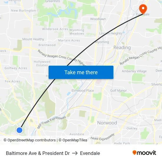 Baltimore Ave & President Dr to Evendale map
