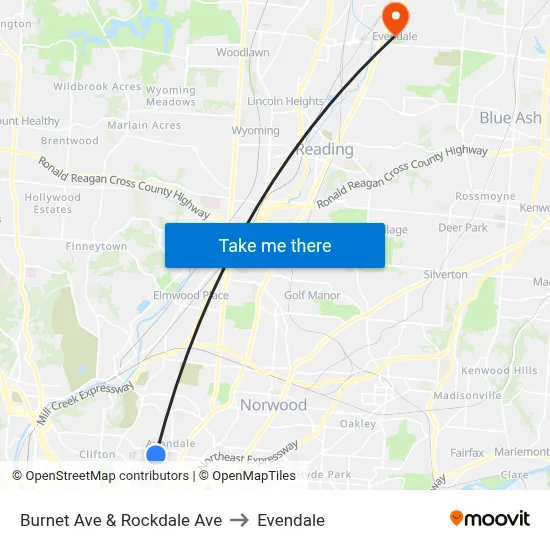 Burnet Ave & Rockdale Ave to Evendale map