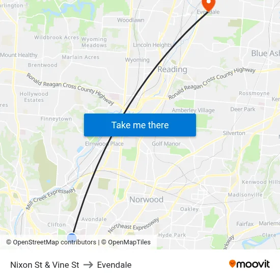 Nixon St & Vine St to Evendale map