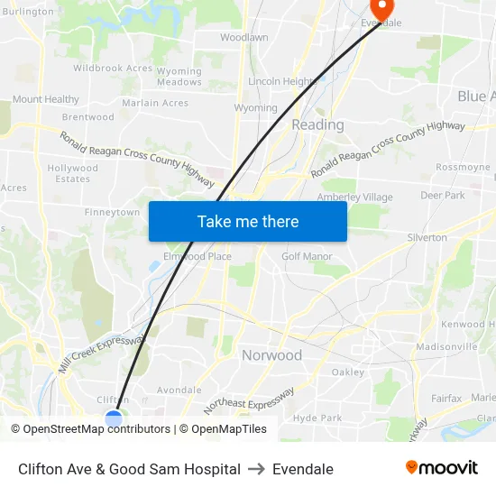 Clifton Ave & Good Sam Hospital to Evendale map