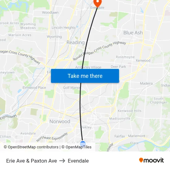 Erie Ave & Paxton Ave to Evendale map