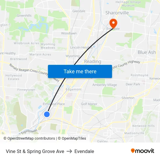 Vine St & Spring Grove Ave to Evendale map