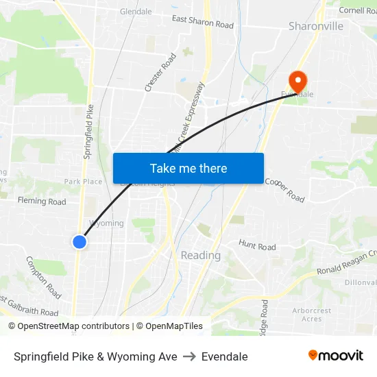 Springfield Pike & Wyoming Ave to Evendale map