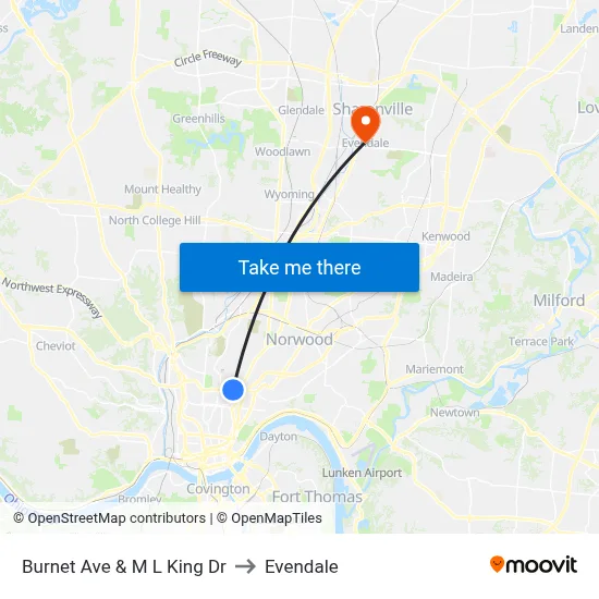 Burnet Ave & M L King Dr to Evendale map
