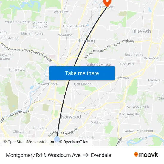 Montgomery Rd & Woodburn Ave to Evendale map