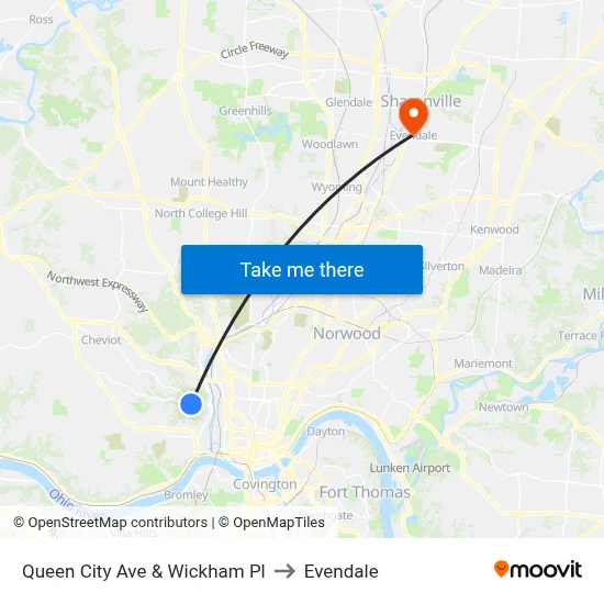 Queen City Ave & Wickham Pl to Evendale map