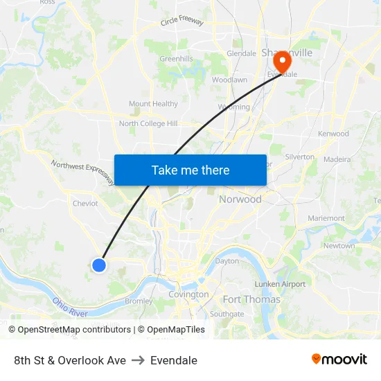 8th St & Overlook Ave to Evendale map