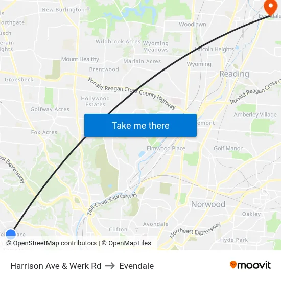 Harrison Ave & Werk Rd to Evendale map