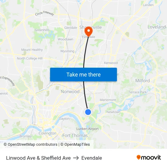 Linwood Ave & Sheffield Ave to Evendale map