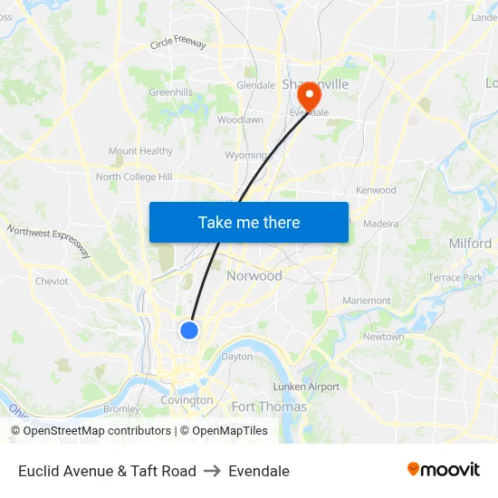 Euclid Avenue & Taft Road to Evendale map