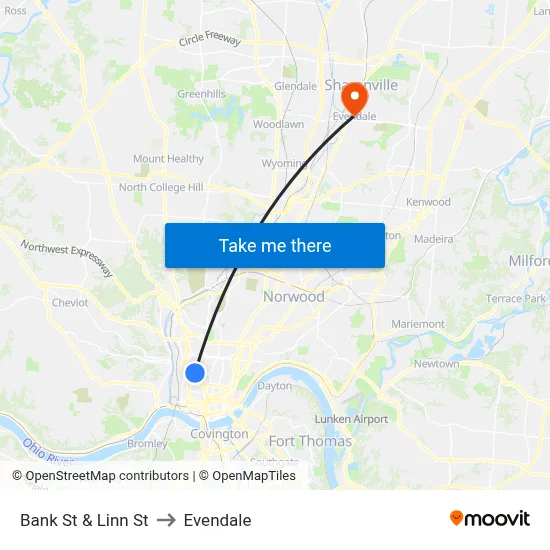 Bank St & Linn St to Evendale map