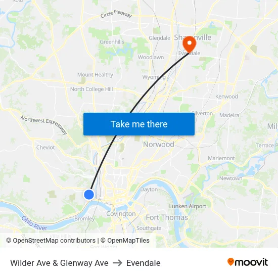 Wilder Ave & Glenway Ave to Evendale map