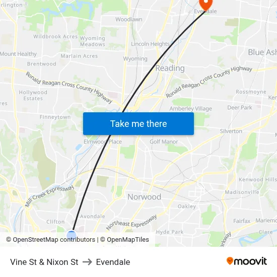 Vine St & Nixon St to Evendale map