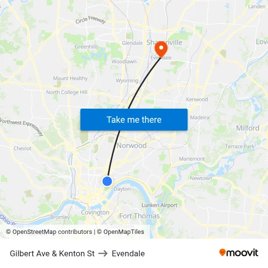 Gilbert Ave & Kenton St to Evendale map