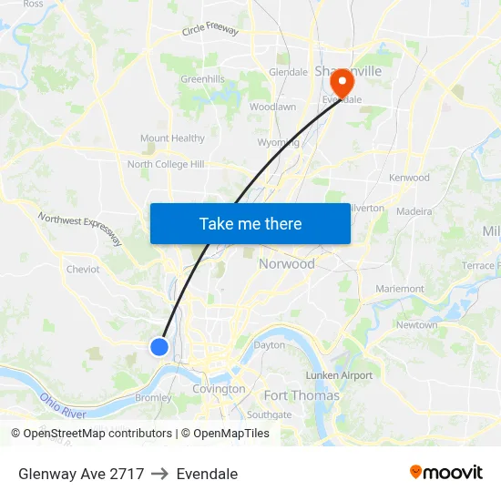 Glenway Ave 2717 to Evendale map