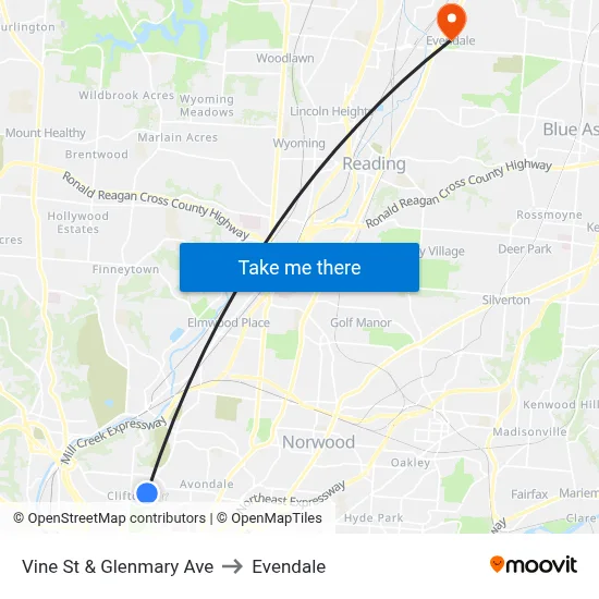 Vine St & Glenmary Ave to Evendale map