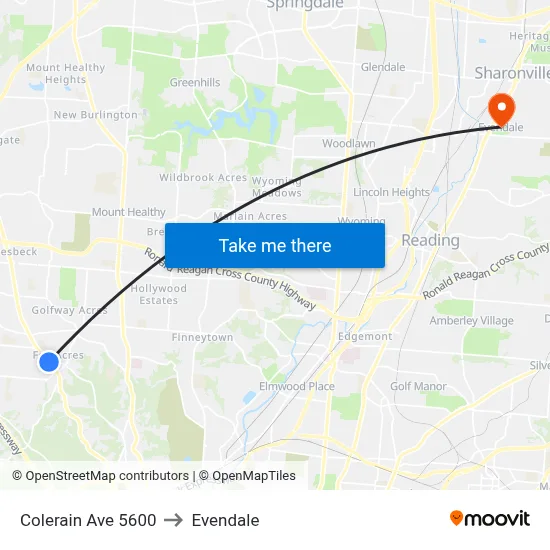 Colerain Ave 5600 to Evendale map