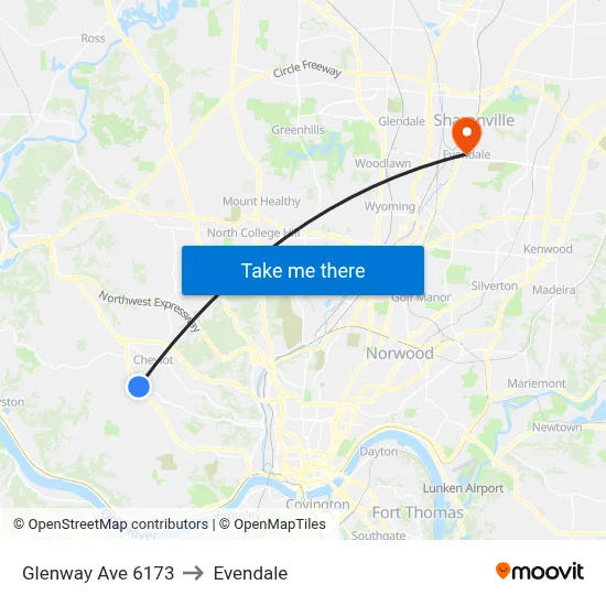 Glenway Ave 6173 to Evendale map