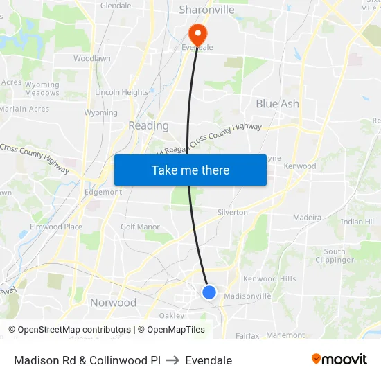 Madison Rd & Collinwood Pl to Evendale map