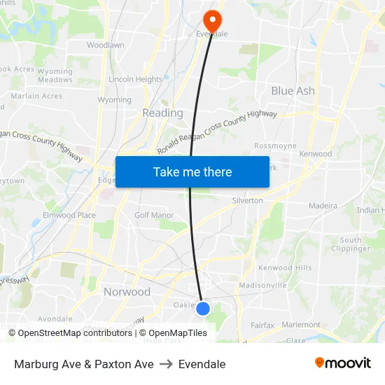 Marburg Ave & Paxton Ave to Evendale map