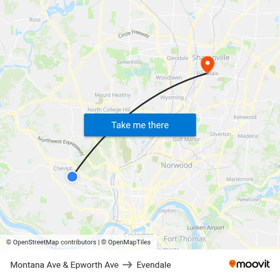 Montana Ave & Epworth Ave to Evendale map