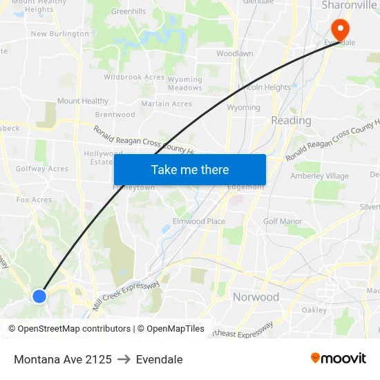 Montana Ave 2125 to Evendale map