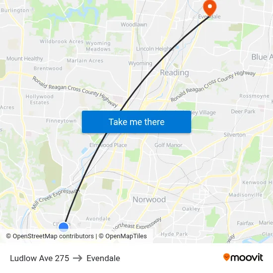 Ludlow Ave 275 to Evendale map