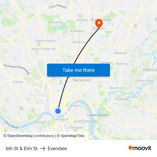 6th St & Elm St to Evendale map