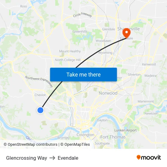 Glencrossing Way to Evendale map