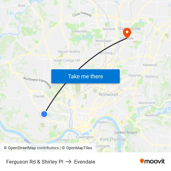 Ferguson Rd & Shirley Pl to Evendale map