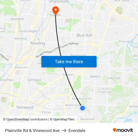 Plainville Rd & Vinewood Ave to Evendale map