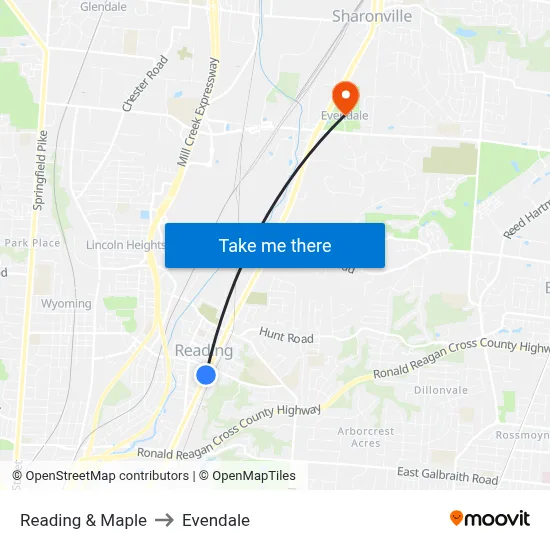 Reading & Maple to Evendale map