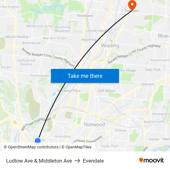 Ludlow Ave & Middleton Ave to Evendale map