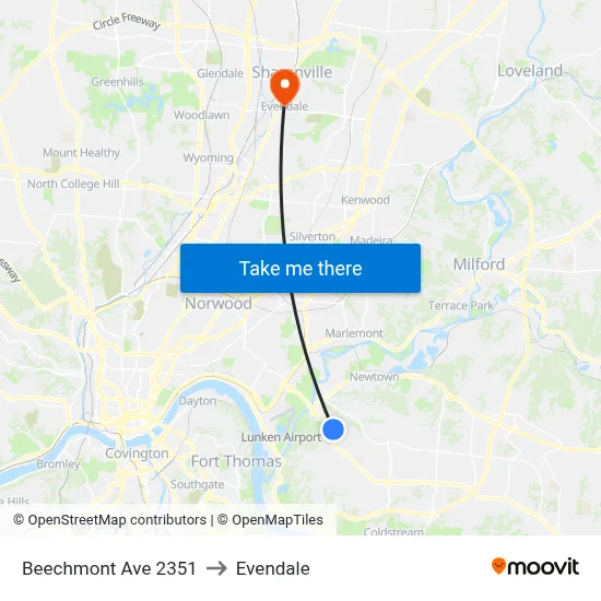 Beechmont Ave 2351 to Evendale map