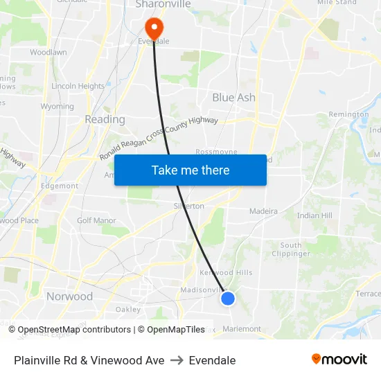 Plainville Rd & Vinewood Ave to Evendale map